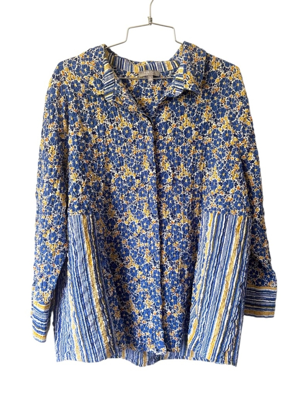 Habitat Oversized Floral Blue & Yellow Button-Down Blouse Size XL Lagenlook